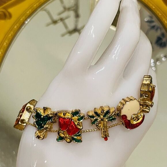 VTG 80s Festive Christmas Santa slide charm gold tone bracelet - Picture 4 of 4